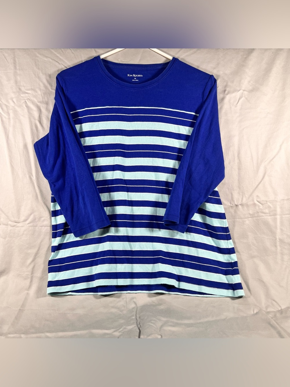 B-025 Kim Rogers Royal Blue and Light Aqua Striped Long Sleeve Top